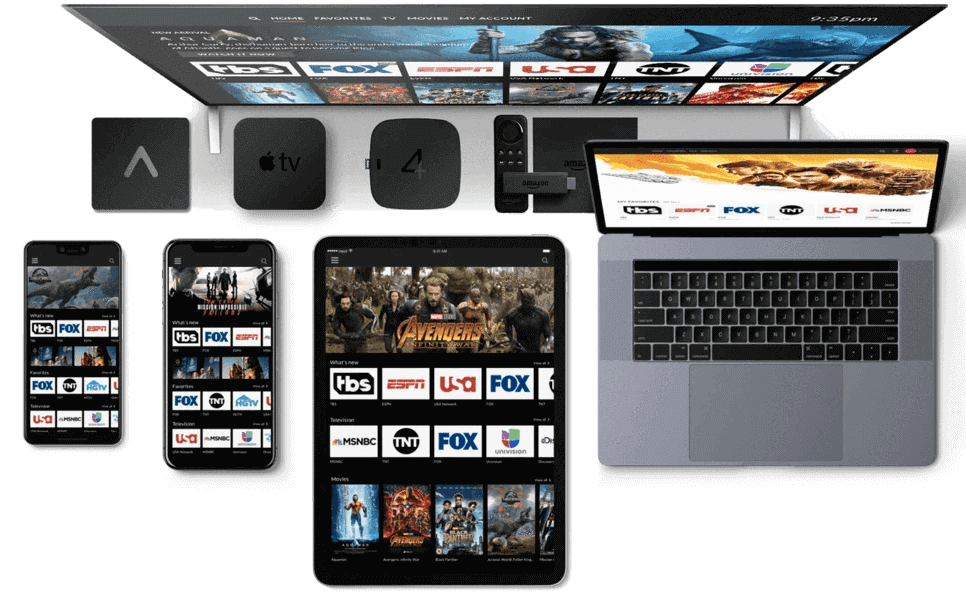MOM IPTV running on a smart TV, phone, tablet and laptop